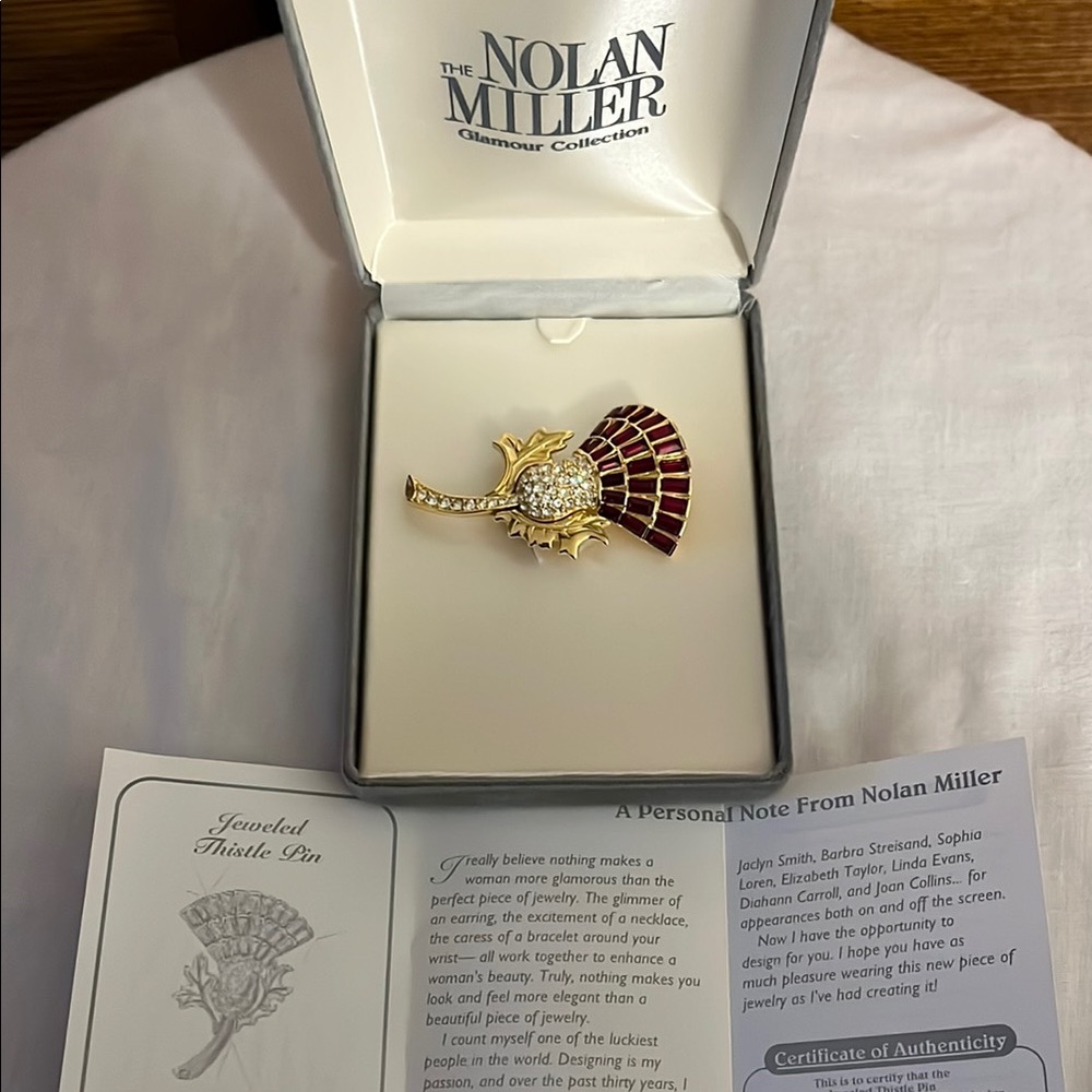 Nolan Miller Gold and Red Jeweled Thistle Pin